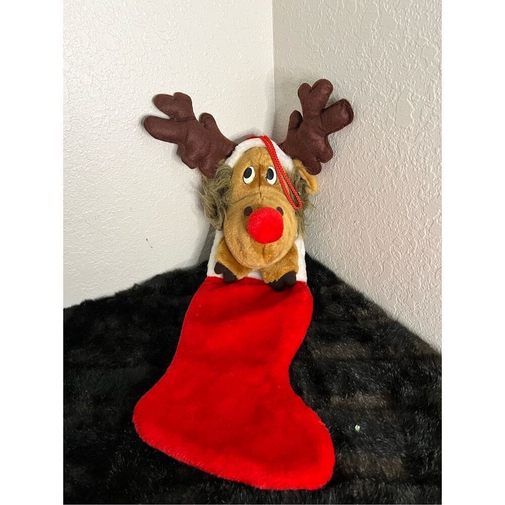 VTG Smithy Plush Red Nose Reindeer Moose Christmas Stocking W Santa Hat 28” Long